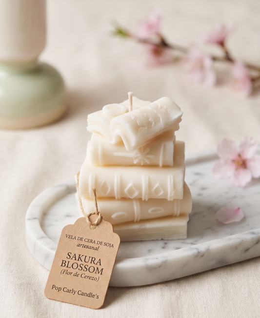 Vela de Pilar "Biblioteca en Flor" - Cera de Soja & Cherry Blossom 📖🌸