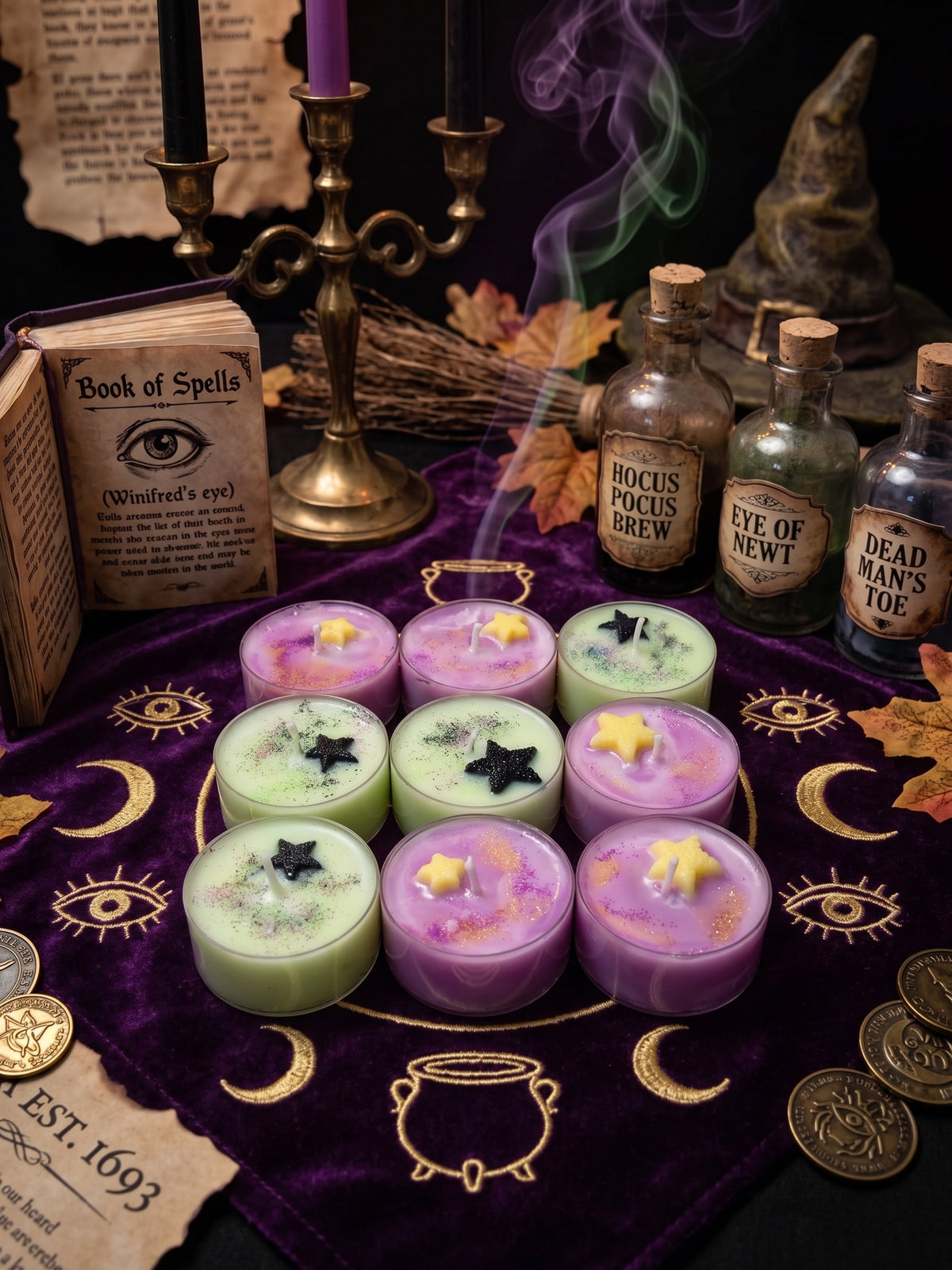 🕯️🔮 Set de 4 Velas de Té "Scented Spell" - Hocus pocus 🧙♀️🦇