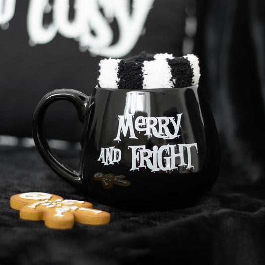 ☀️🖤 Pack Summerween Beetlejuice - Taza Caldero "MERRY AND FRIGHT" + Calcetines a Rayas 🧦🤍