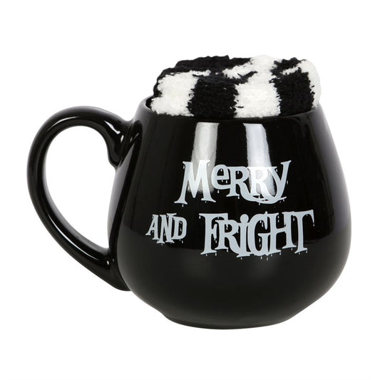 ☀️🖤 Pack Summerween Beetlejuice - Taza Caldero "MERRY AND FRIGHT" + Calcetines a Rayas 🧦🤍