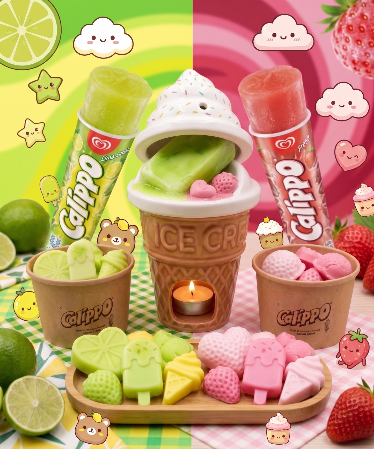 🍓🍋‍🟩🍋 PACK CALIPPO SUMMER -  Quemador Helado + Waxmelts Aroma Calippo de Fresa o lima - limón 🍋‍🟩🍋🍓