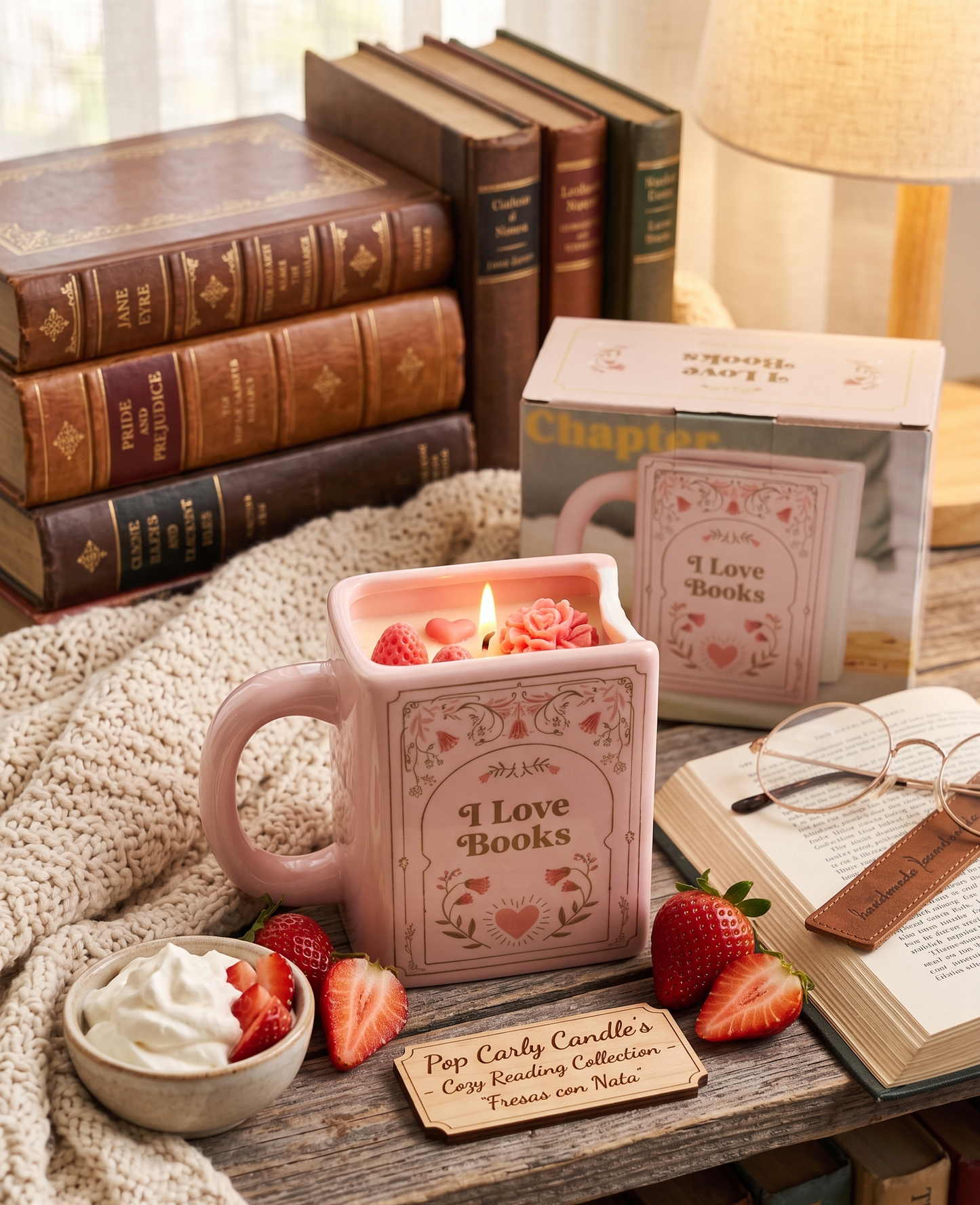 🍓✨ Vela XXL "Fresas con Nata" – Colección Cozy Reading ✨📚