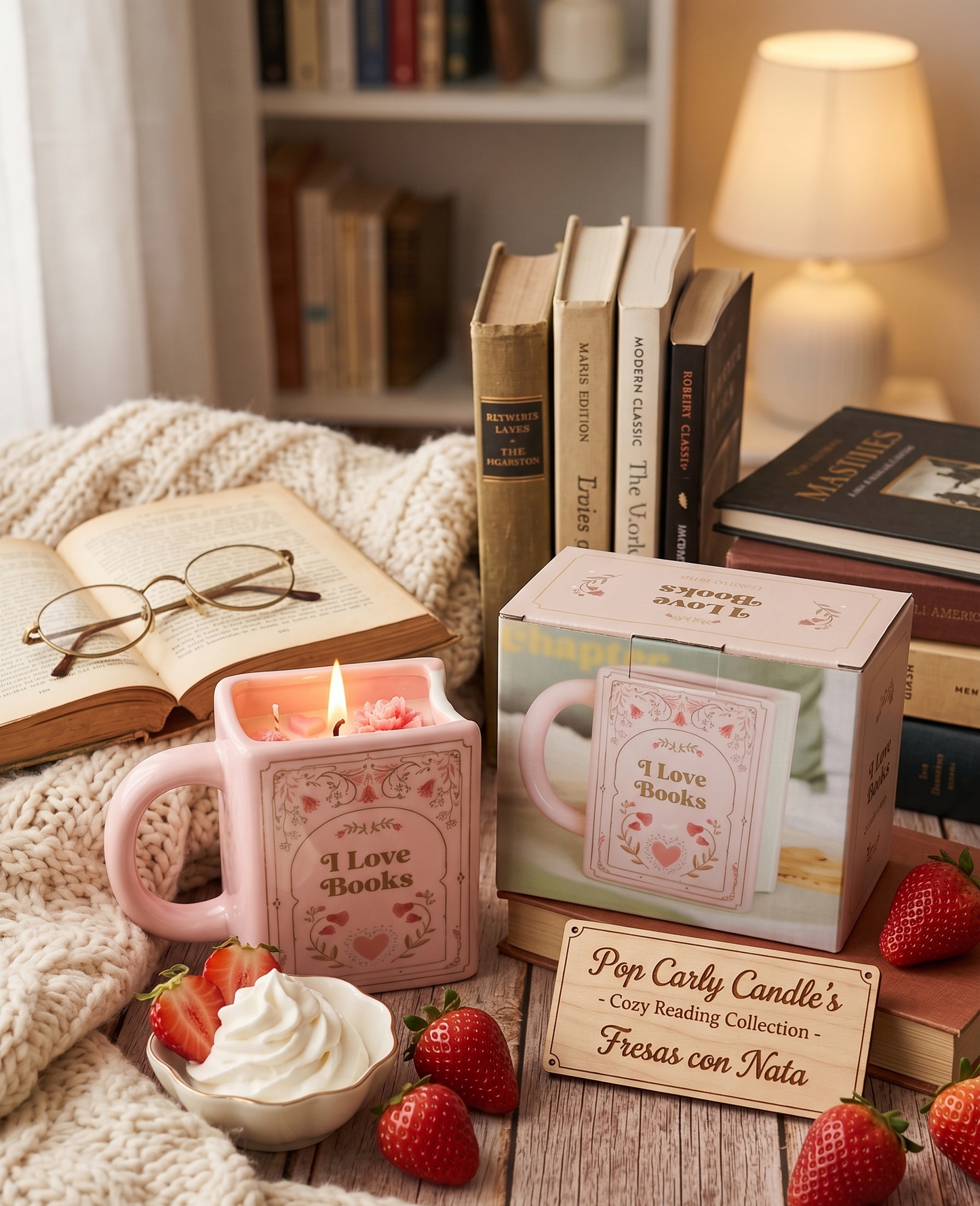 🍓✨ Vela XXL "Fresas con Nata" – Colección Cozy Reading ✨📚