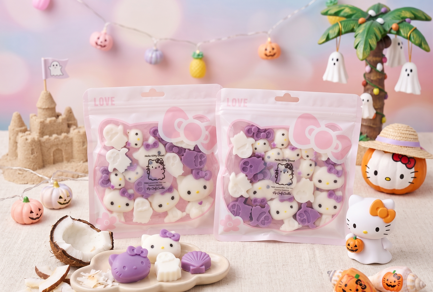 👻🥥 Bolsita de Wax Melts "Hello Kitty Ghost" - Un Paraíso Tropical y Spooky 🏝️🎀