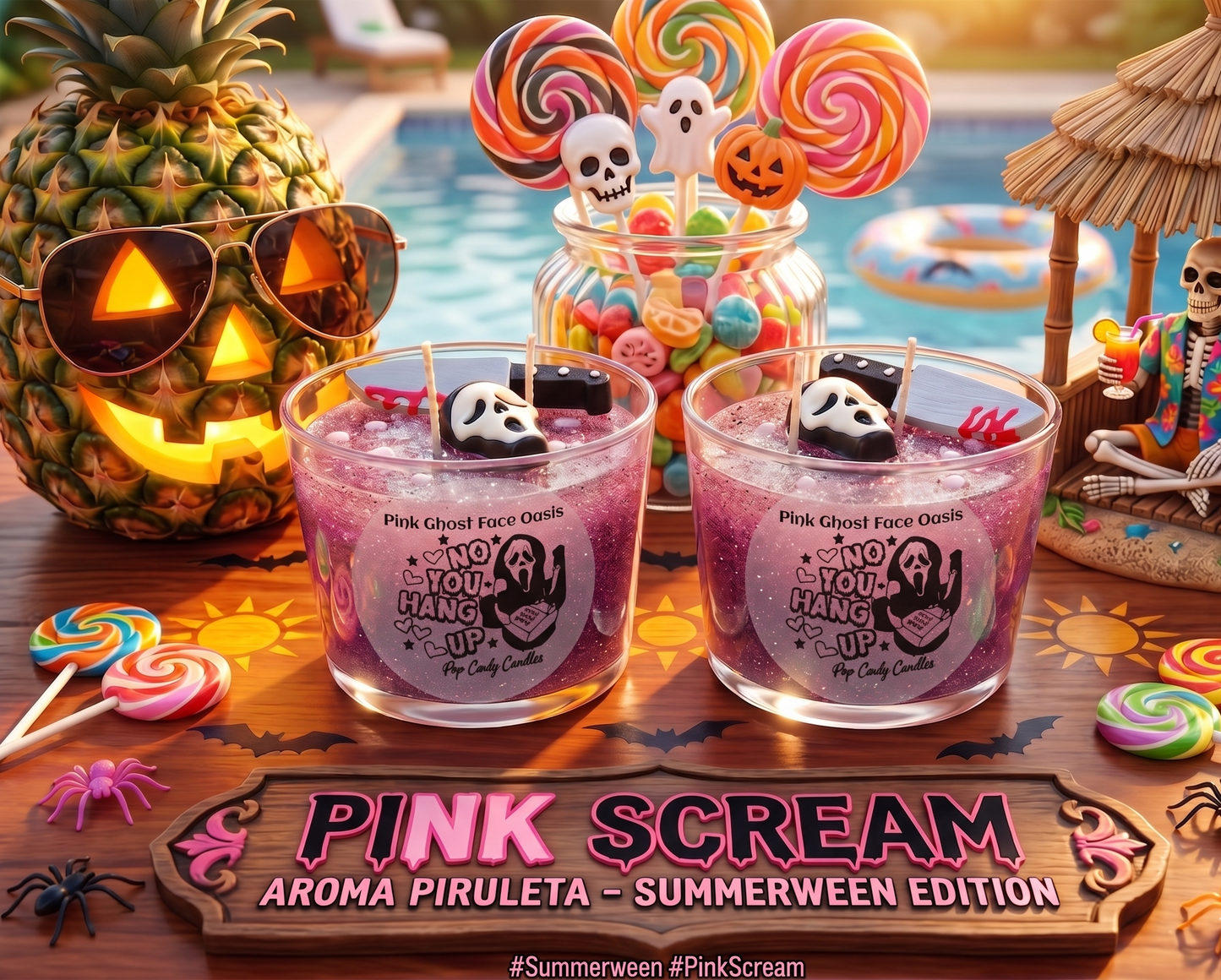 📞🍭 Vela de Gel "Pink Scream Oasis"- ¡El Aroma Más Hechizante y Dulce del Summerween! 🏄‍♀️👻