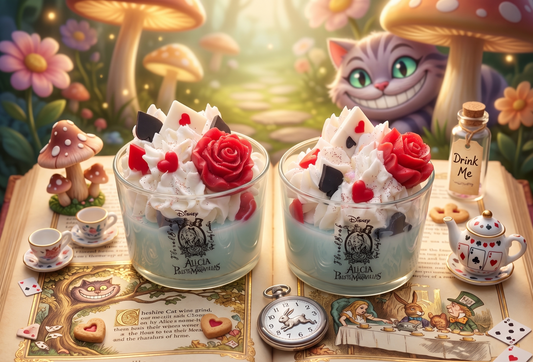 🍄✨ Vela Artesanal "Alicia en el País de las Maravillas" - Flower Bomb 🎩🩵