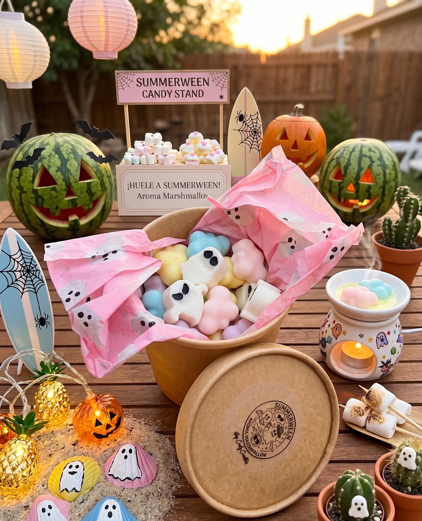 👻🍉 Bote de Wax Melts "Summerween Marshmallow"- ¡Susto o Dulce en Pleno Verano! 🏖️☁️